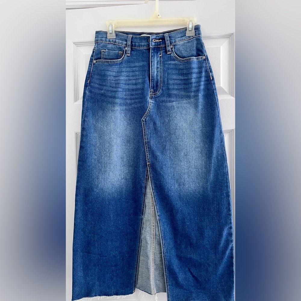 Women’s Denim Midi Skirt with Front Slit - Blue